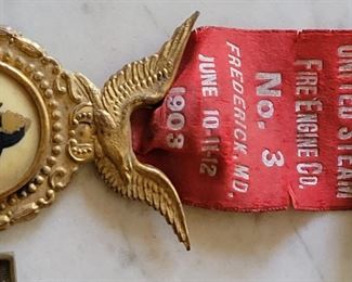Super collectible United Steam Fire Engine Co NO. 3 Frederick MD Ju 10,11,12, 1903 Members badge, pin with eagle and fireman portrait