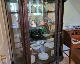 Revival curved glass door Victorian china, display, curio cabinet, sets of china, glass, collectibles
