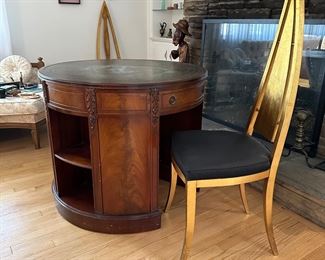 Vintage round mahogany, green leather top desk with book shelves
