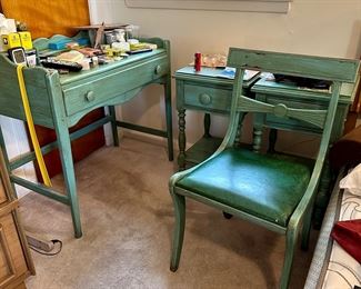 Vintage painted vanity/desk with chair, pair of nightstands