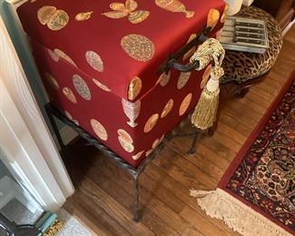 Horshow Home - Faberge Egg Box with Stand. Fabric is rayon/polyester. Box is 14” Square and Iron Stand is 14” Square. 