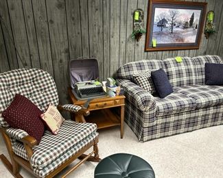 couch, rocker, ottoman, pillows