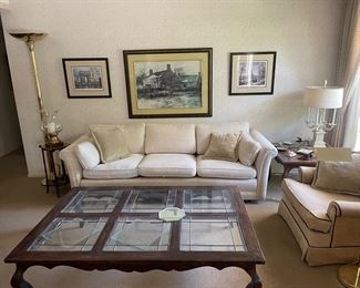 NICE COUCH AND LEADED GLASS COFFEE TABLE..