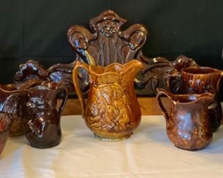 Antique Redware Pitchers, Bundt Pans, and  Stove Crown 