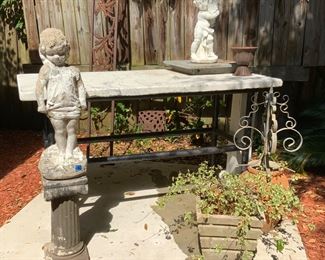 Selection of Concrete Figures, Planter and Metal Table Base with Marble Top