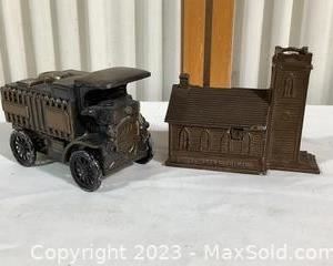 wvintage metal coin banks truck and church3571 t