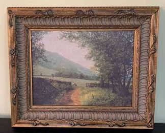 Framed Landscape Painting of Sheep with Rock Wall