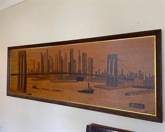 Marquetry style print mid century modern by Seivad of the Brooklyn Bridge. Rare!