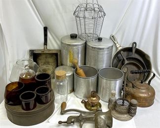 Antique Cast Iron Pans, Tea Kettle, Meat Grinder, More