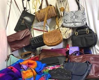 Lots Of Purses, 3 Pairs Of Slippers, And 5 Scarves
