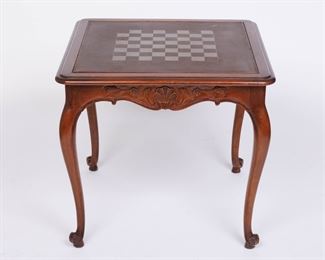 $160 - FRENCH STYLE CARVE CARD TABLE WITH CHECKERBOARD ON TOP  