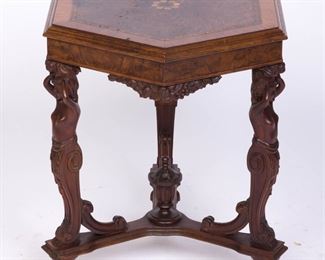 $375 - ENGLISH INLAID OCTOGANAL TABLE WHAND CARVED FACES 