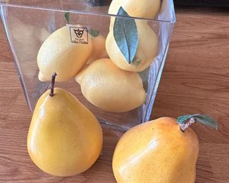 Square Glass Vase, Plastic Pears and Lemons 