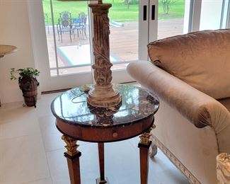 Hugo's marble top end tables Emerson et Cie and Lamps