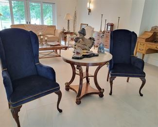 Deep blue velvet Queen Anne Wingback Chairs 