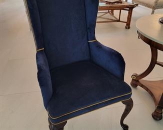 Deep blue velvet Queen Anne Wingback Chairs 