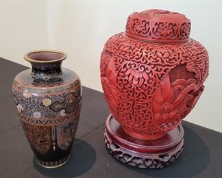 Japanese cloisonne vase, Chinese cinnabar 