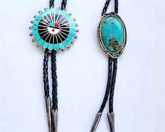 Silver turquoise bolo tie by Bennett and Zuni sterling turquoise bolo signed April Unkestine