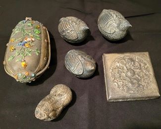 Early 20th Century Silver Betel Nut quail and foo dog containers