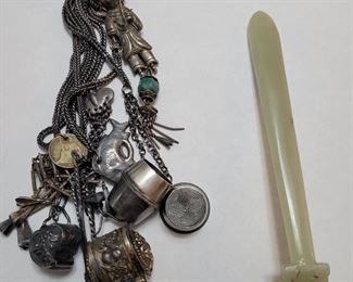 Chinese silver Chatelaine, Jade belt hook, jade hairpin