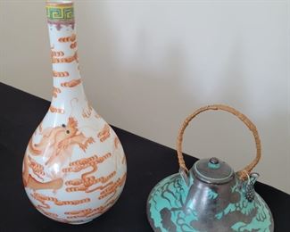 Japanese silver turquoise tea pot early 20th c , and dragon vase