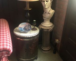 Pair Barrel side tables; Greek Bust