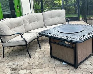 CAST ALUMINUM COUCH WITH CUSHIONS AND CAST ALUMINUM FIREPIT WITH PROPANE TANK