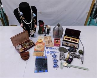 smalls and costume jewelry, belt buckles, pens, etc