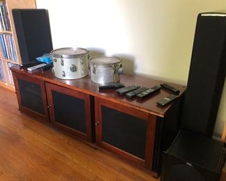 TV Stand, Vintage Ludwig Drum Set, Electronics