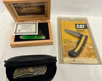 JC049 3 Pocket Knives Stanley Tools  CAT Track Type Lockback  Farmers Keep America Growing