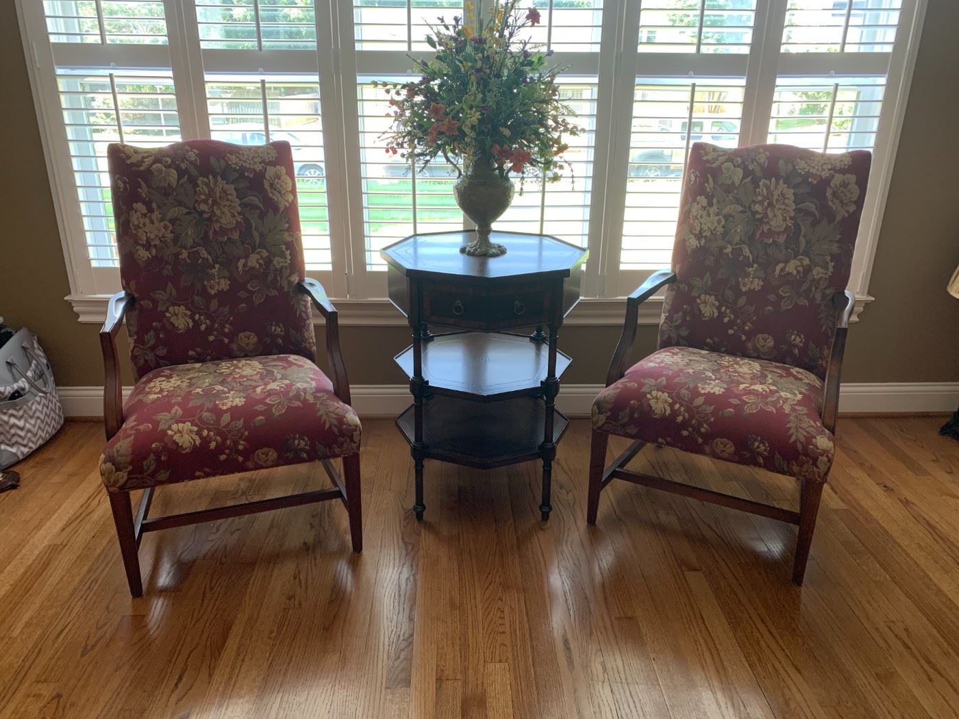 #1	Ethan Allen Wingback Chair - Burgundy Floral	 $100.00 
#2	Ethan Allen Wingback Chair - burgundy Floral	 $100.00 
#3	Maitland-Smith Octagonal Table w/2 shelves & Drawer - 24x33	 $275.00 
