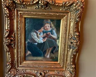 #29	Oil of Boy & Girl Knitting - 16x18 - As is Frame 	 $60.00 
