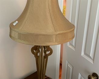 #87	Brass column with gold shade 26 in tall 	$35 
