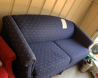#115	lazyboy camelback hide-a-bed sofa blue with white dots 71 in long	 $115.00 
