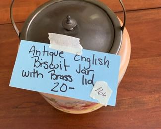 #166	Antique English Biscuit Jar w/brass lid`	 $20.00 
