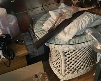 Wicker furniture & more, glassware, large crucifix 