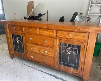 Oak side board extra long, great for a coffee bar! Craftsman Buffet with stain.glass detail windows