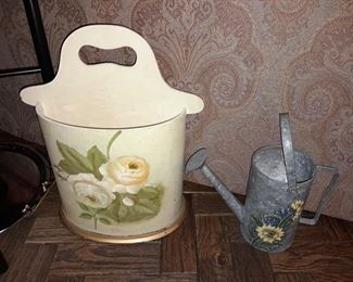 Wooden Trash Pail & Watering Can