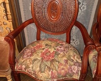 Carved Spiderweb Back Upholstered Arm Chairs (2 Available)