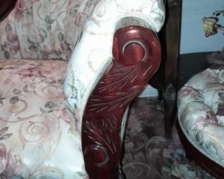 BEAUTIFUL Rose Pattern Upholstered Conversation Couch W/ Carved Wooden Details