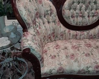 BEAUTIFUL Rose Pattern Upholstered Conversation Couch W/ Carved Wooden Details