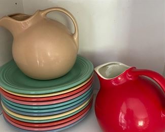 Pottery:  Fiesta plates and Hall pitchers