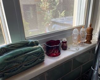 Red glass, crystal salt and pepper sets and more!