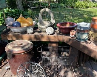 Planters, vintage ceramic server, iron ad ceramic yard essentials