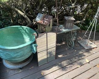 vintage metal mirror, large ceramic pot, benches and more