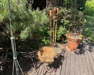 Large clay and metal wire planters 