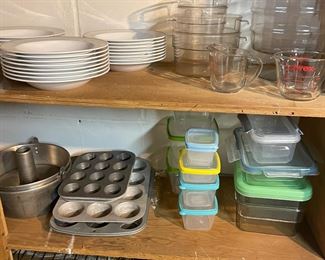muffin tins, pyrex, angle food cake pans, glass and plastic storage containers