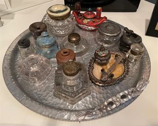 Antique ink wells and aluminum tray