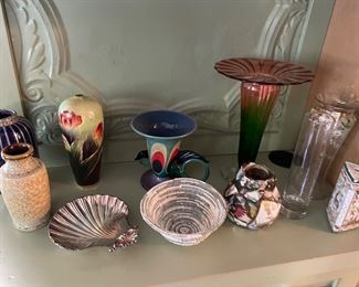 Carnival glass, porcelain and ceramic vases