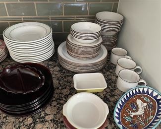 English porcelain and ceramic  dishes, red glass plates, and vintage pyrex 